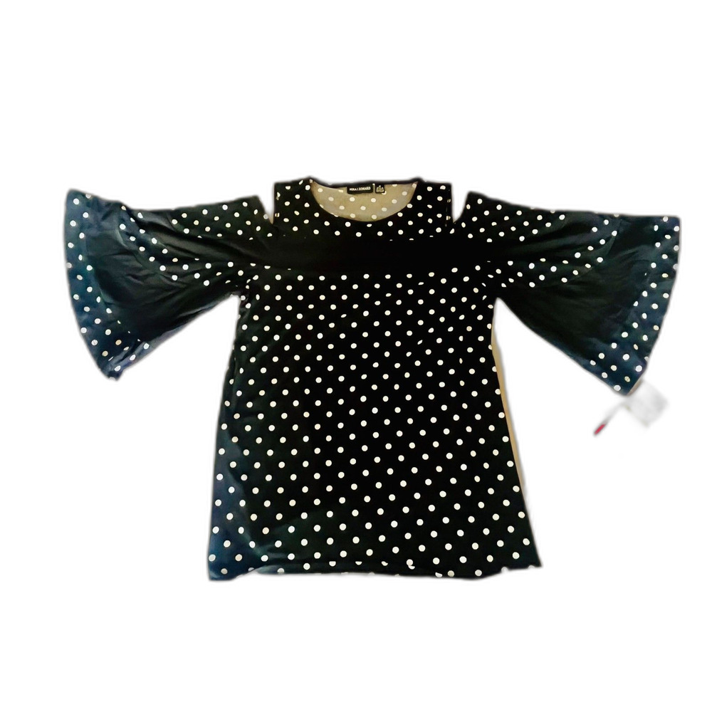 NWT Nina Leonard Women Black Polka Dot Bell Sleeve Blouse Medium Cold Shoulder